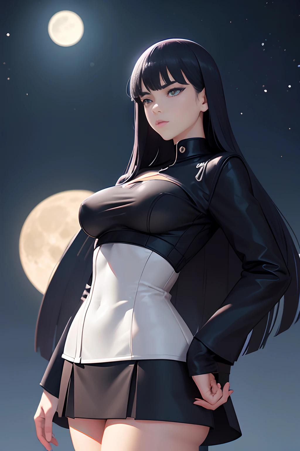 Guy Billout, Surreal, mysterious, strange, fantastic, fantasy, Sci-fi, Japanese anime, beautiful girl in a miniskirt, perfect voluminous body, crescent moon, moonlight realm, traveler only at night, the moon and stars sleeping on earth, hyper detailed masterpiece high resolution definition quality, depth of field cinematic lighting Huge tits cleavage erotic panty ass