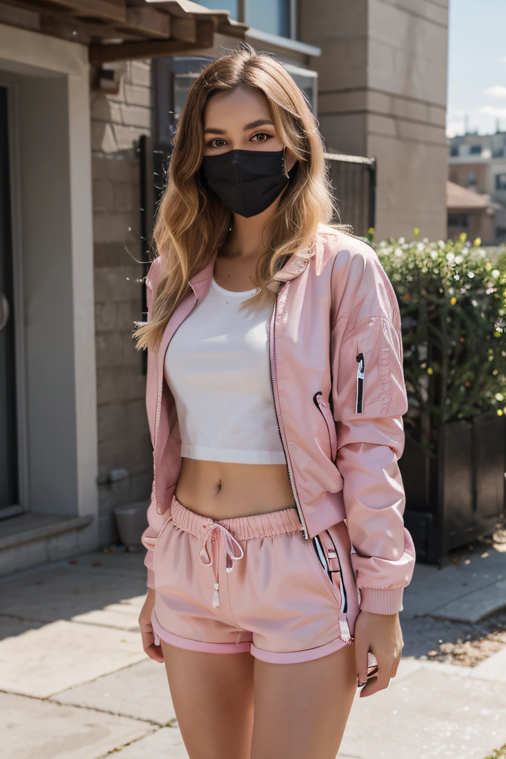 1 Tall Girl, Strong Build Structure, Big Brown sharp Eyes, Long Blonde Hairs, Fringes of hair over forehead with smaller Strands framing her cheeks, plain White Tshirt, Layering Pink Bomber Jacket, White and pink Shorts, Pink casual Sneakers, Standing in Shadow, wearing a Mask, Buildings, Looking at phone, Full Body, Ultrasharp, masterpiece, 8k, Small waist