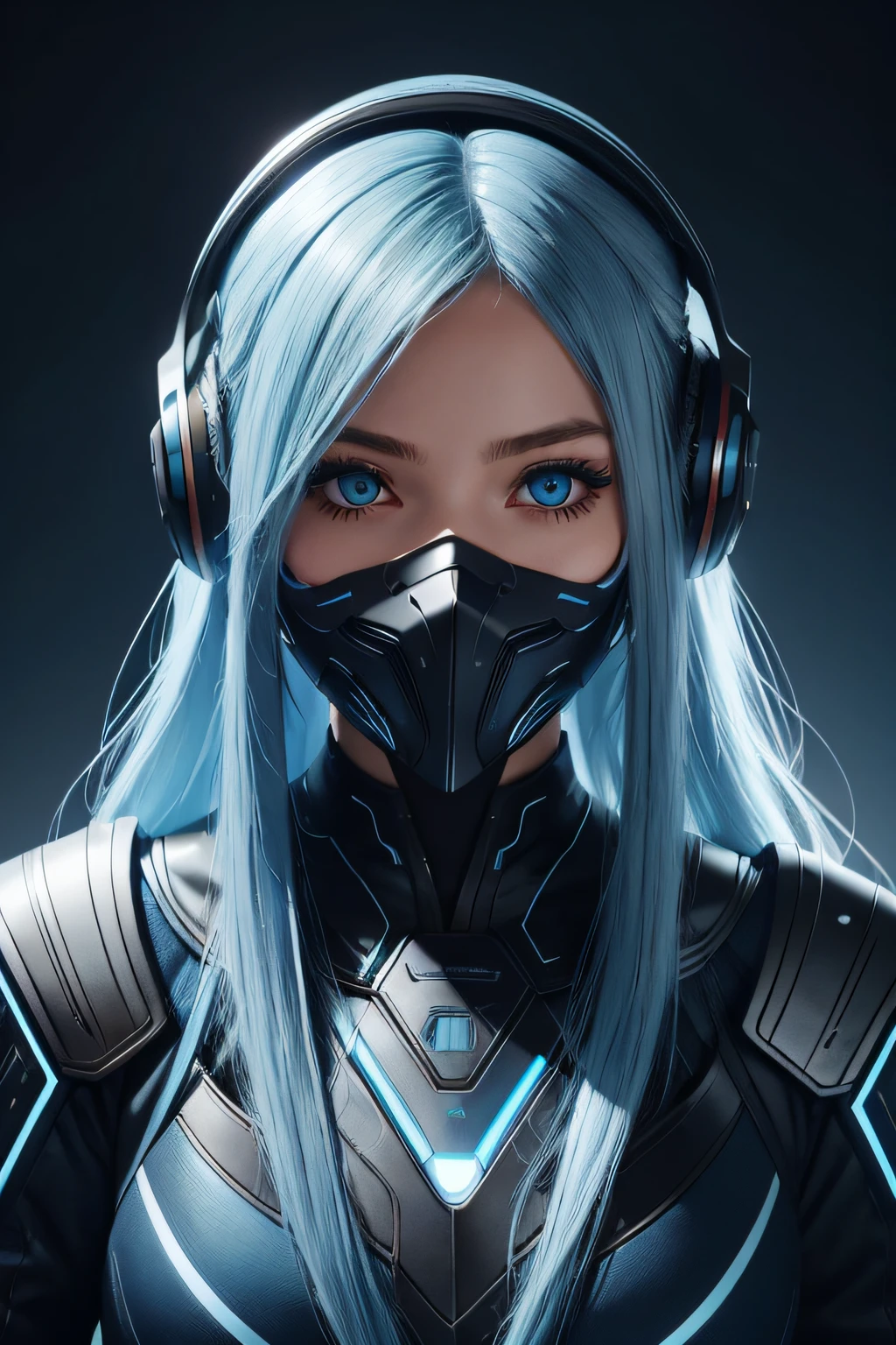 girl with long blue hair, blue eyes, futuristic vibes, mask on mouth, headphones, 8k, high quality, simple background, glowing eyes, nice pose