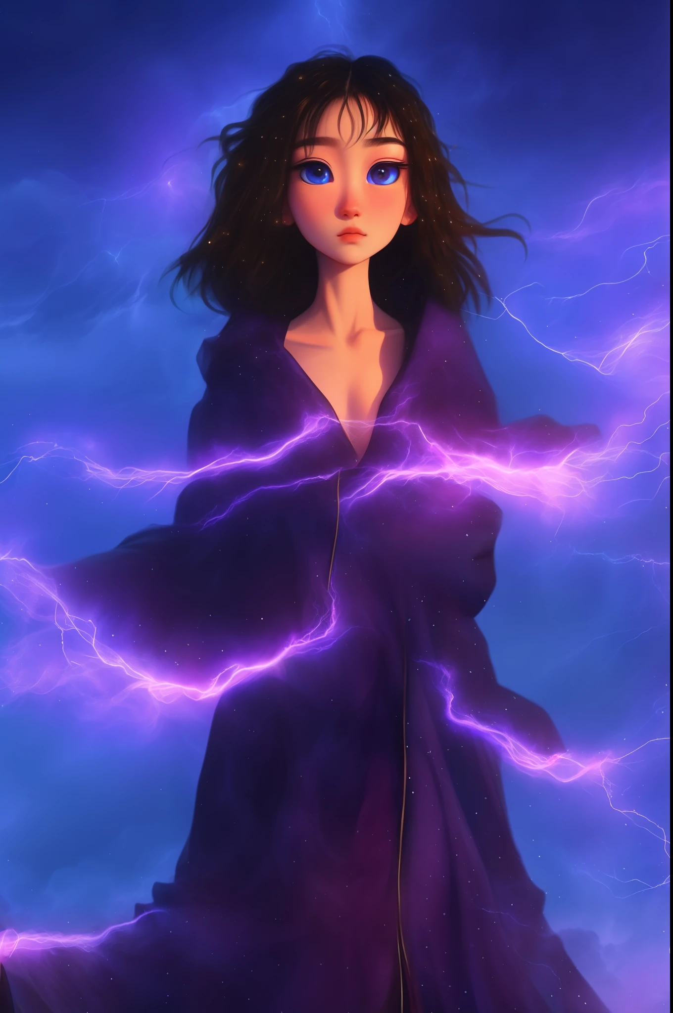 (Masterpiece, fine detailed beautiful eyes), Ultra-detailed, illustration,
Mysterious and mysterious wizard girl,Wearing a dark purple robe, Standing in a world of her own creation, Surrounded by a swirling cloud of arcane magic.
,Detailed background, volumettic light, rays of sunshine, Light rays, sky, Cloud,