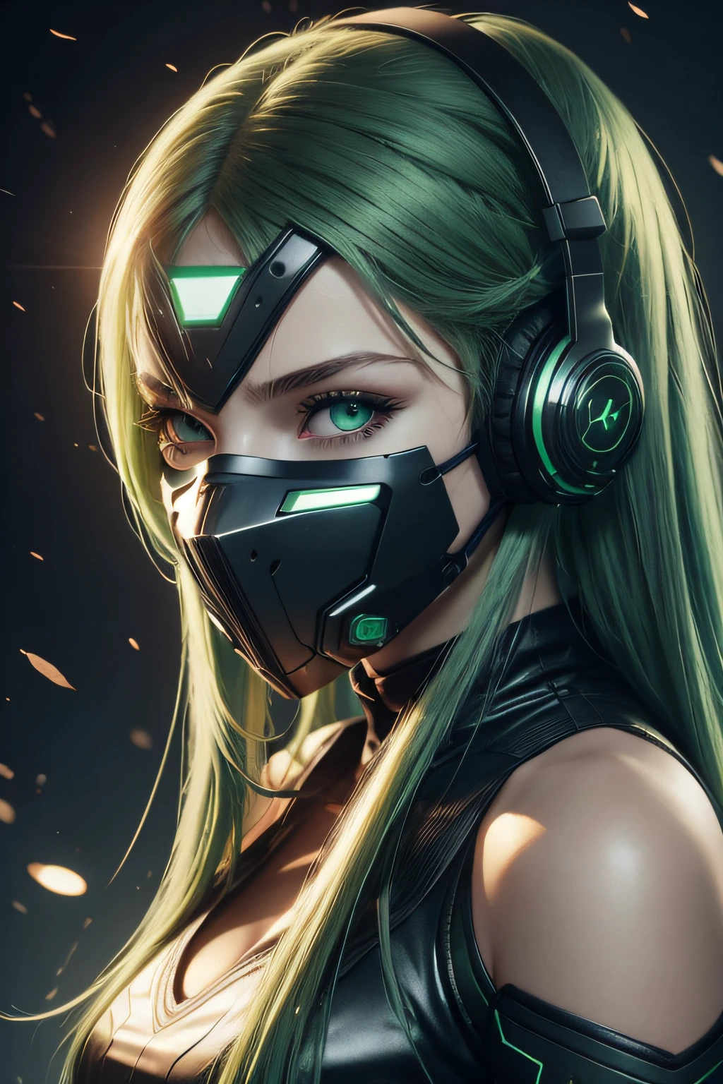 girl with long green hair, green eyes, futuristic vibes, mask on mouth, headphones, 8k, high quality, simple background, glowing eyes, nice pose