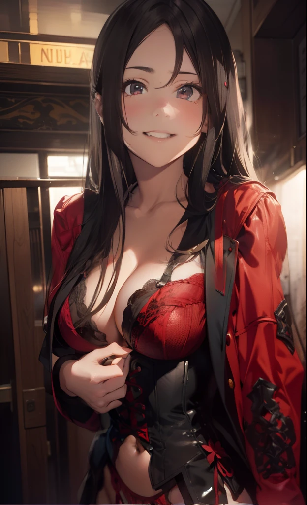 ultra-quality, ultla highres, Hyper Detailed, High contrast, Ultrafine Strike, creative refinement,A dark-haired, ssmile,Red lingerie,Red corset,Red garter belt,Show Pub