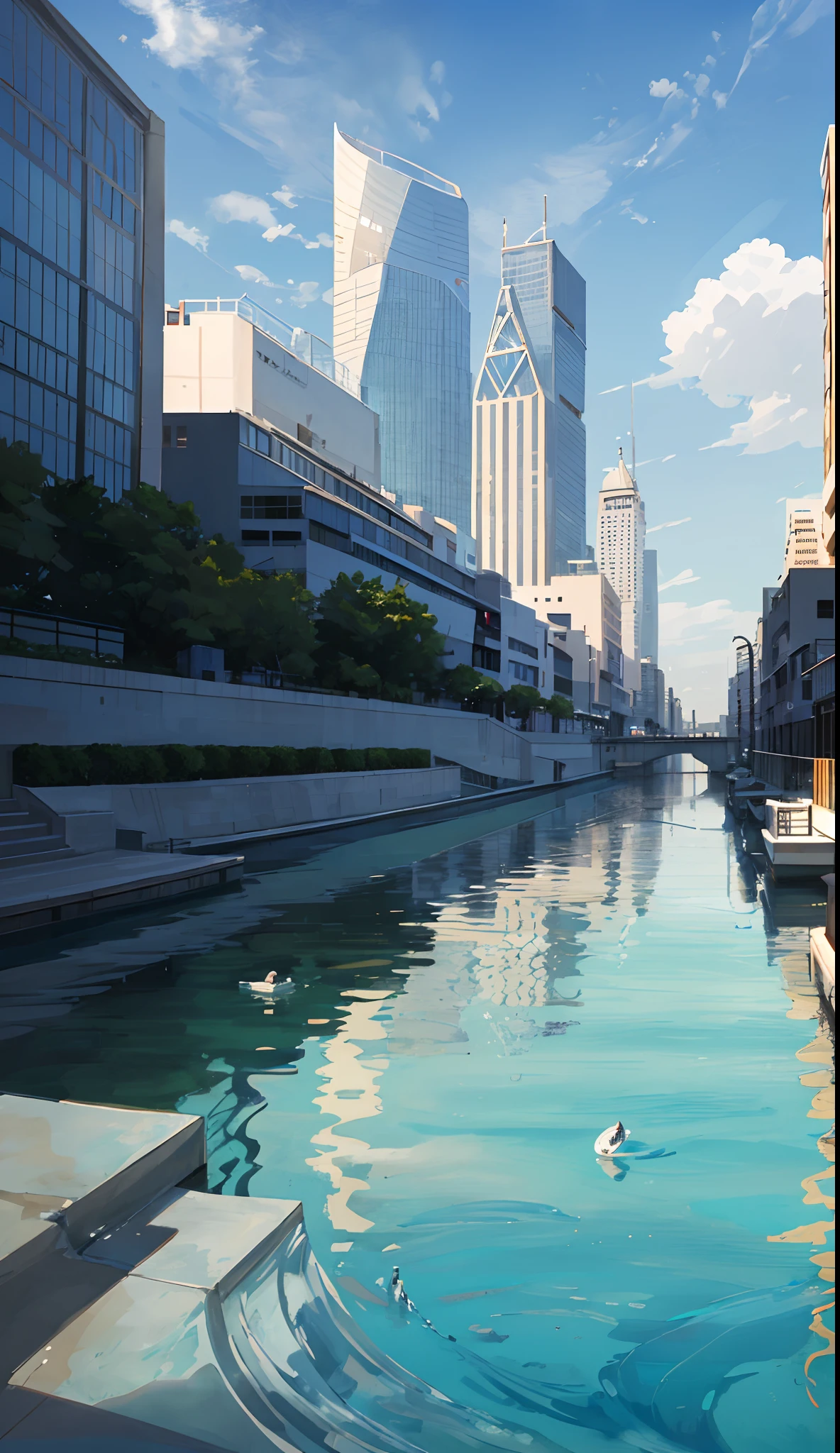 masutepiece,Best Quality,Sketch style、style of makoto shinkai、Water surface reflection, High quality, Refreshing seaside waterfront square,Next to the seaside promenade,A team of security guards is on patrol。They are reflected in the calm sea。In the distance, A modern skyscraper rises