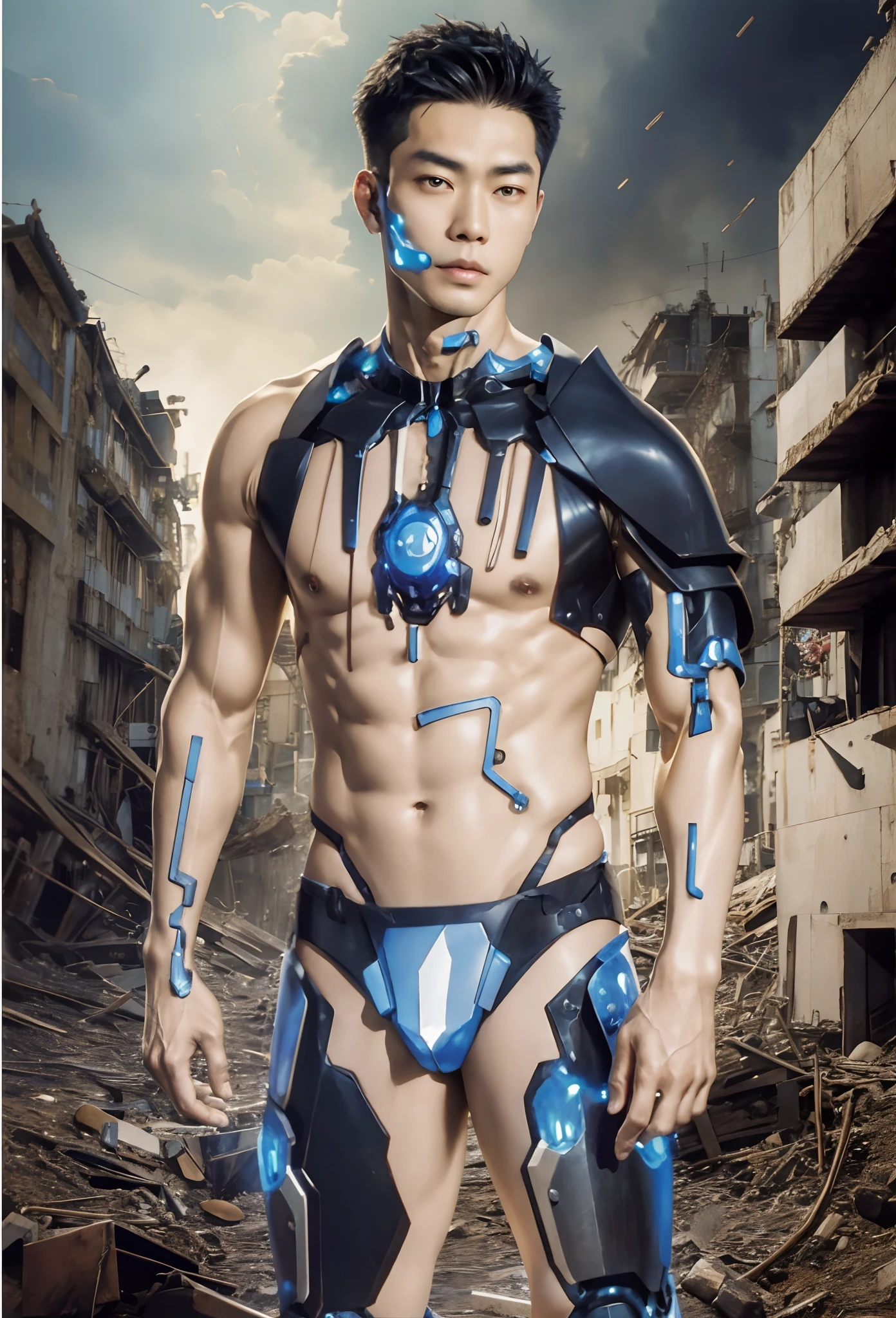 There's an Asian man, Corpo ciborgue, Retrato completo de Electromancer, cybernetic body, ciborgue derretido, modelo de moda ciborgue, Cybernetic body parts, usando armadura labradorita, wearing thunder armor, traje com detalhes azuis, ciborgue azul, Titan, cybernetic suit, olhos brilhando,