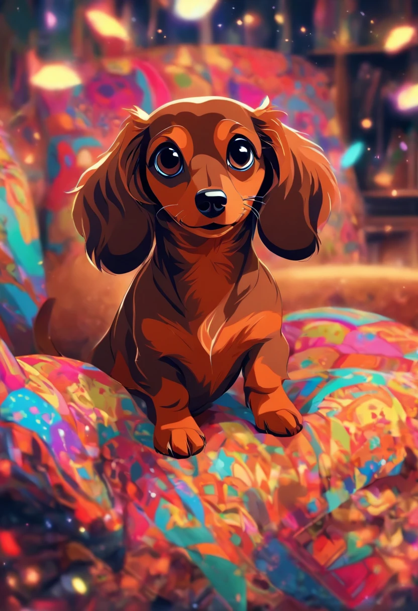 (the whole body is brown:1.8),Brown miniature dachshund,on a couch,Looking at the camera,(Shake your head:1.5),Looks like a lot of fun,biologically correct