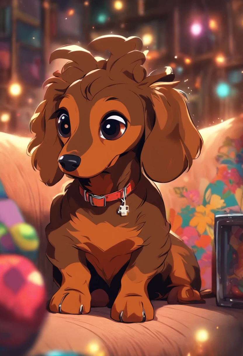 (the whole body is brown:1.8),Brown miniature dachshund,on a couch,Looking at the camera,(Shake your head:1.5),Looks like a lot of fun,biologically correct