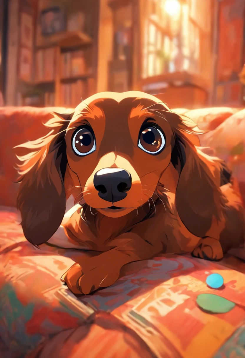 （the whole body is brown：1.8），Brown miniature dachshund，on a couch，Looking at the camera，（Shake your head：1.5），Looks like a lot of fun，biologically correct