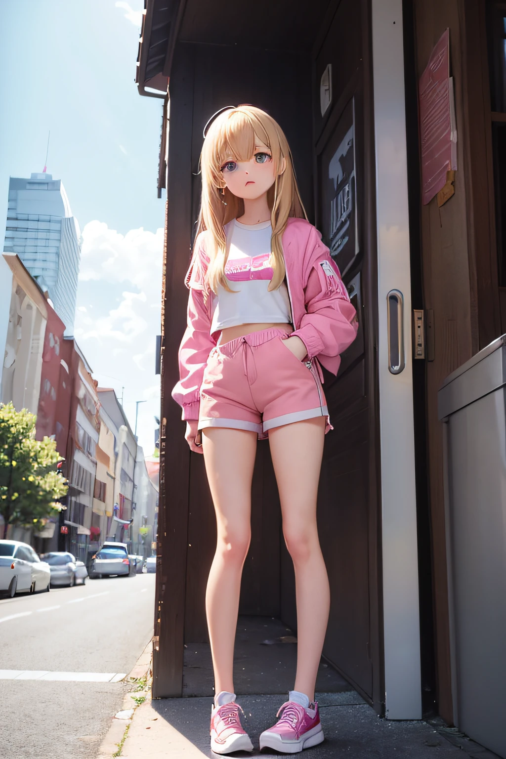 1 Tall Girl, Strong Build Structure, Brown sharp Eyes, Long Blonde Hairs, Fringes of hair over forehead with smaller Strands framing her cheeks, plain White Tshirt, Layering Pink Bomber Jacket, White and pink Shorts, Pink casual Shoes, Standing in Shadow, wearing a Mask, Buildings, Looking at phone, Full Body, Ultrasharp, masterpiece, , Small waist