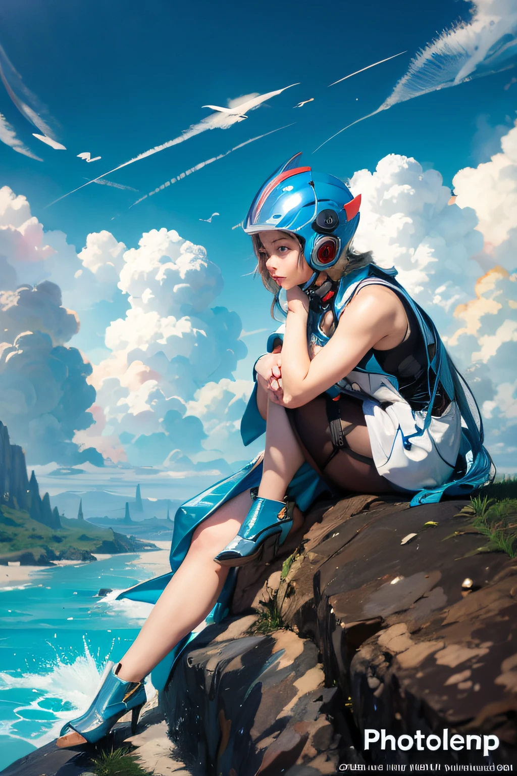 blue skies, girl sitting down, futuristic costume