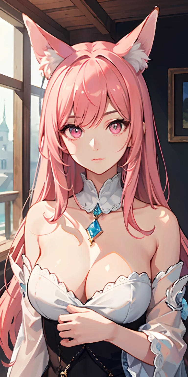 Artwork, tmasterpiece, extremely detailed 8k CG wallpaper, Her gaze is focused on the viewer, Landscape background of a beautiful room, Tranquil, soft, Simple light on the face of a beautiful girl.,higly detailed,high detailed eyes,pink eyes,fox pink ears,rose hair,You can see the chest,bare breast