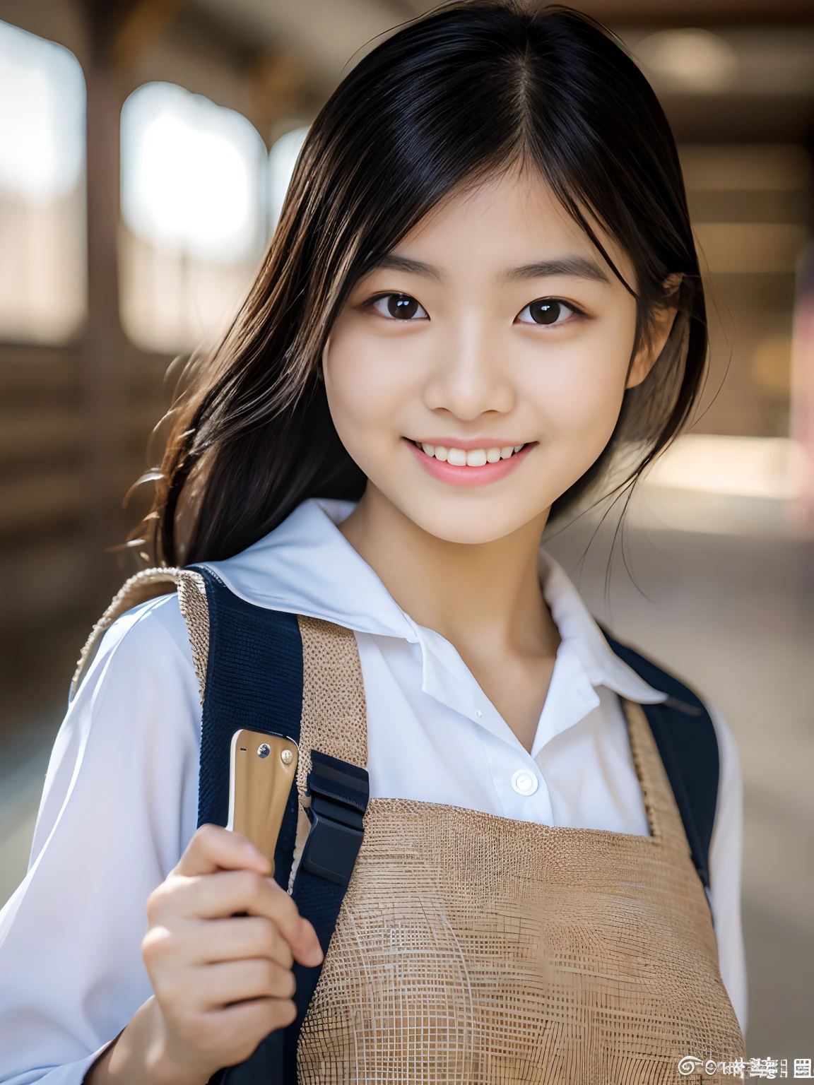 1 Nogizaka Musume, Very cute, a beauty girl, 18year old, Beautiful face, eyes and skin with exquisite detail, Detailed black hair, Smile at the camera, cowboy  shot, the way from school to home, profetional lighting, BREAK, (realisitic, Photorealsitic:1.37), 8K, (​masterpiece), (top-quality:1.4), (超A high resolution:1.2), (Raw photography:1.2)、(super detailed beautiful cloths)、perfect anatomia、4fingers and 1thumb、hyper detailed background、(Wallpapers by Unity 8K)、School swim wear