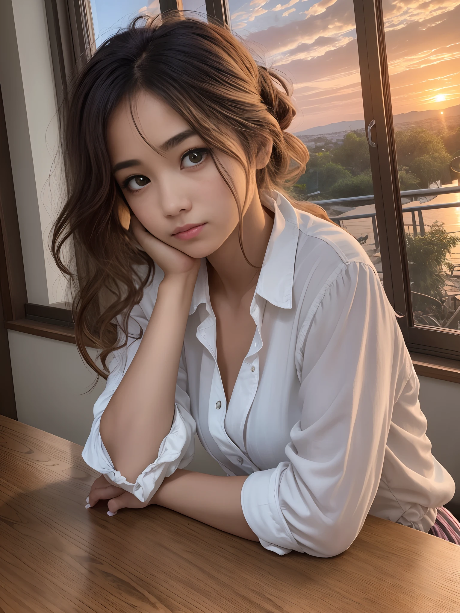 photo of a beautiful, disheveled woman with a tired expression leaning with her elbows on a table looking towards the window where she observes a beautiful sunset - --auto --s2