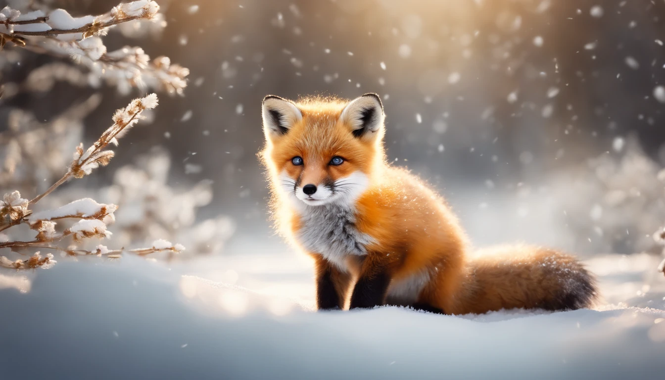 there is a small fox cub sitting on the snowland and flowers, falling snow, cute animal, highly detailed,ultra realistic, realistic scene, detailed beautiful animals, highly detailed digital painting, photo realistic style, photorealistic highly detailed, highly detailed realistic, cub, highly detailed photorealistic, cuteness