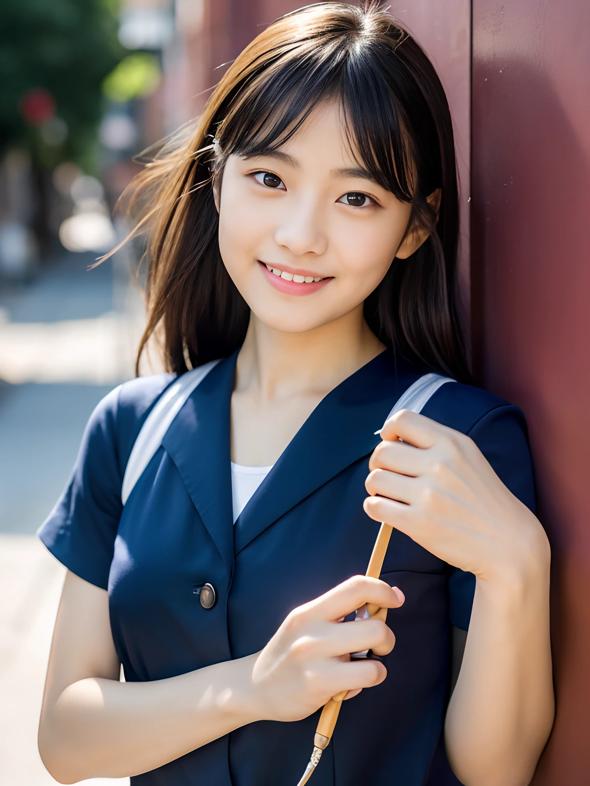 1 Nogizaka Musume, Very cute, a beauty girl, 18year old, Beautiful face, eyes and skin with exquisite detail, Detailed black hair, Smile at the camera, cowboy shot, the way from school to home, profetional lighting, BREAK, (realisitic, Photorealsitic:1.37), 8K, (masterpiece), (top-quality:1.4), (超A high resolution:1.2), (Raw photography:1.2)、(super detailed beautiful cloths)、perfect anatomia、4fingers and 1thumb、hyper detailed background、(Wallpapers by Unity 8K)、School swim wear、body shot
