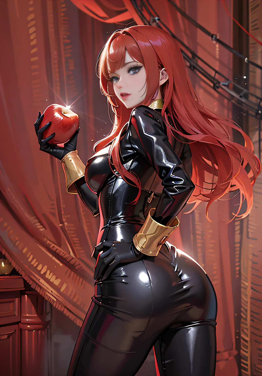 a digital illustration featuring a red-haired woman. The woman is dressed in a skin-tight shiny black latex leather bodysuit adorned with gold accents. In her raised right hand, she holds a bright red apple. The woman's left hand is tucked behind her back. Her blue eyes are looking directly at the viewer, creating an engaging effect. The background is composed of variations of the color red, enhancing the overall vibrancy of the depiction.