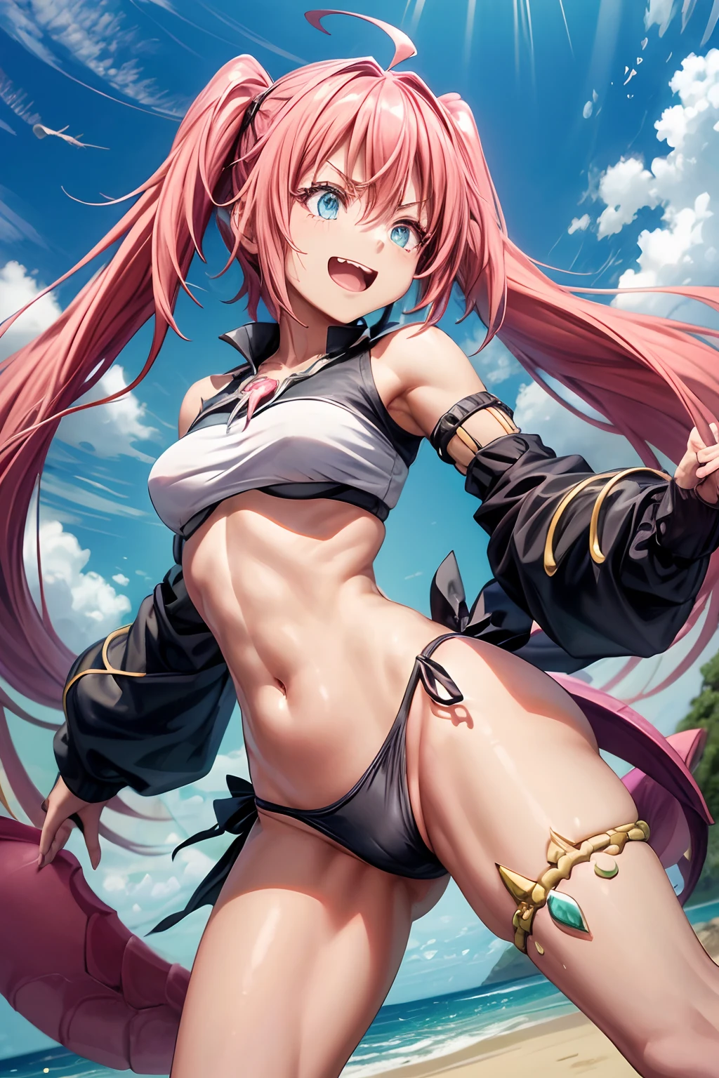 1Feminino、Tensei Shitara Slime Datta Ken（((Milim Nava))), Demon Lord King、O corpo da obra-prima de Milim Nava、High Quality Bikini Armor、Black bikini armor、Rosto Milim Preciso、olhos azuis、olhar o mal、cabelo rosa、Bicaudal、Caudas duplas orgulhosas、barefoot, medium feet, dedos arredondados ultra qualidade, ultra detalhado, unhas arredondadas pintadas em esmalte preto ultra detalhado、mediuml breasts、um sorriso、sorriso enorme、grande ahoge, foto de corpo inteiro, barriga musculosa, na praia, pernas ultra detalhadas e realistas, Face Ultra Detalhada, Perfect setting, (((Making Fighting Stance))), (((Looking intently at the dragon)))