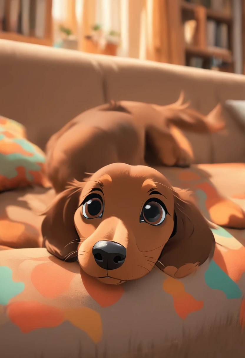 (the whole body is brown:1.8),Brown miniature dachshund,on a couch,Looking at the camera,(Face Bow:1.5),Looks like a lot of fun,biologically correct