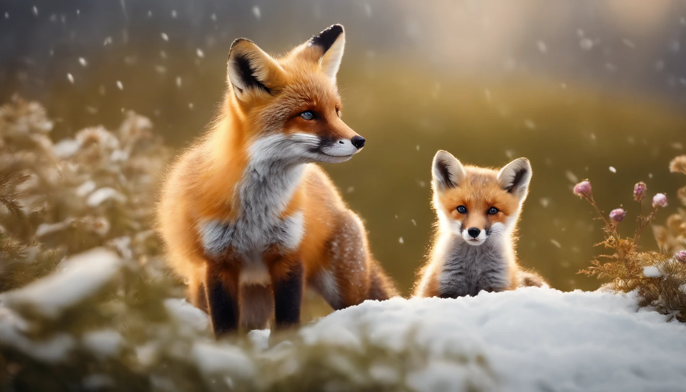 there is two small foxs cub playing on the snowland and flowers blooming, falling snow, cute animal, highly detailed,ultra realistic, realistic scene, detailed beautiful animals, highly detailed digital painting, photo realistic style, photorealistic highly detailed, highly detailed realistic, cub, highly detailed photorealistic, cuteness