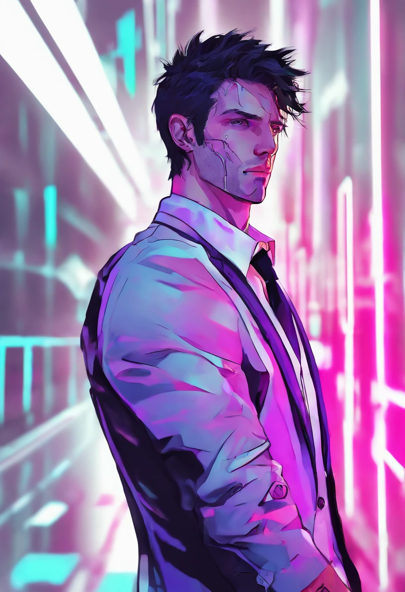 ((Skinny, lanky, normal, mid-30s, unshaven, white, ((American, pale skin, english)), male, businessman wearing a basic suit and tie, nose ring)), cowboy shot, (black short shaggy hair with purple highlights), ((office background)), (highly detailed photo realistic), sharp focus, ultra high quality, vibrant, masterpiece, (cinematic lighting), ((male))