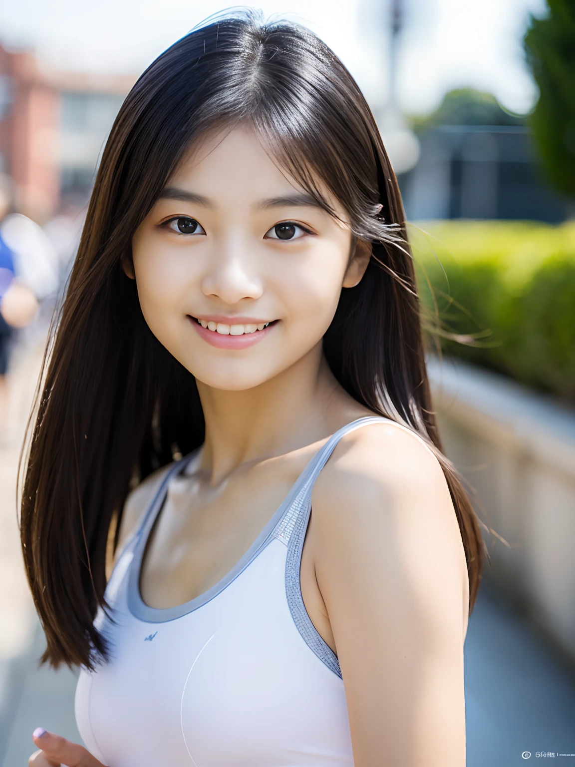 1 Nogizaka Musume, Very cute, a beauty girl, 18year old, Beautiful face, eyes and skin with exquisite detail, Detailed black hair, Smile at the camera, the way from school to home, profetional lighting, BREAK, (realisitic, Photorealsitic:1.37), 8K, (​masterpiece), (top-quality:1.4), (超A high resolution:1.2), (Raw photography:1.2)、(super detailed beautiful cloths)、perfect anatomia、4fingers and 1thumb、hyper detailed background、(Wallpapers by Unity 8K)、School swim wear、body shot