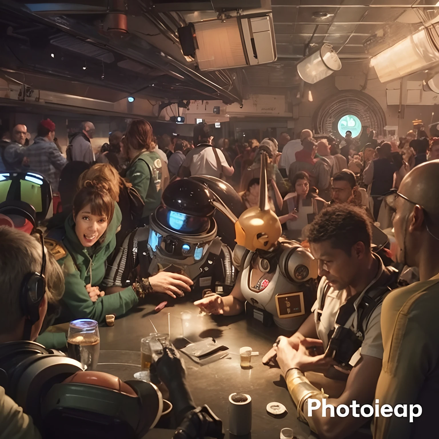 crowded Bar, with Astronauts, aliens, robots, futuristic, sci-fi, playing a poker