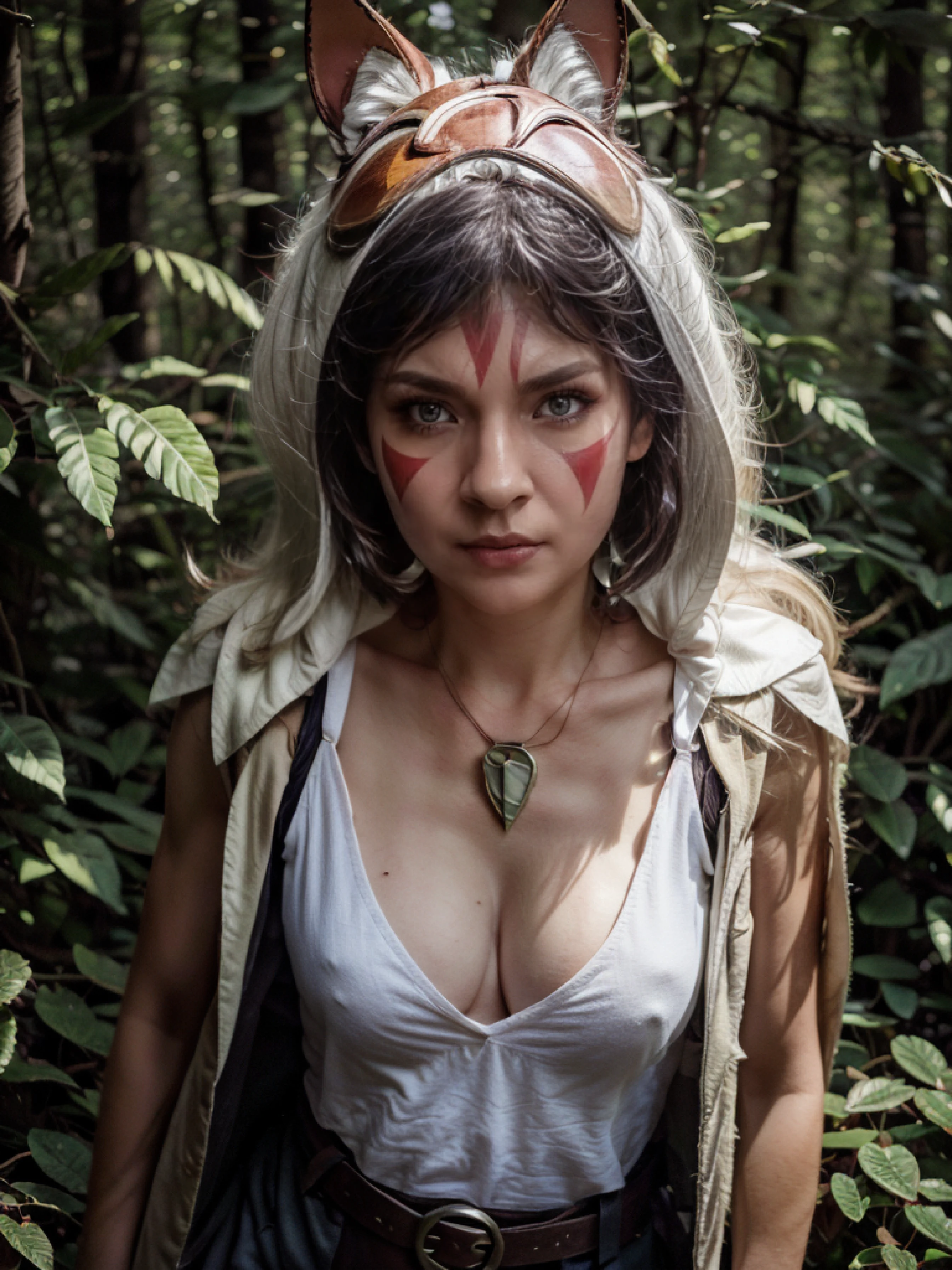 Angry face, Fighting position, from above, (mononoke hime), RED MASK, 1girl, armlet, bangs, black hair, white undershirt, breasts, circlet, earrings, facepaint, floating hair, magical forest, fur cape, grey eyes, jewelry, angry looking, medium breasts, nature, necklace, outdoors,  short hair,  sleeveless shirt, solo, tooth necklace, tree, upper body, white SHIRT, ((SFW)), evangelyne, magical forest, upper body, archer,(best quality,4k,8k,highres,masterpiece:1.2),ultra-detailed,(realistic,photorealistic,photo-realistic:1.37),HDR,UHD,studio lighting,ultra-fine painting,sharp focus,