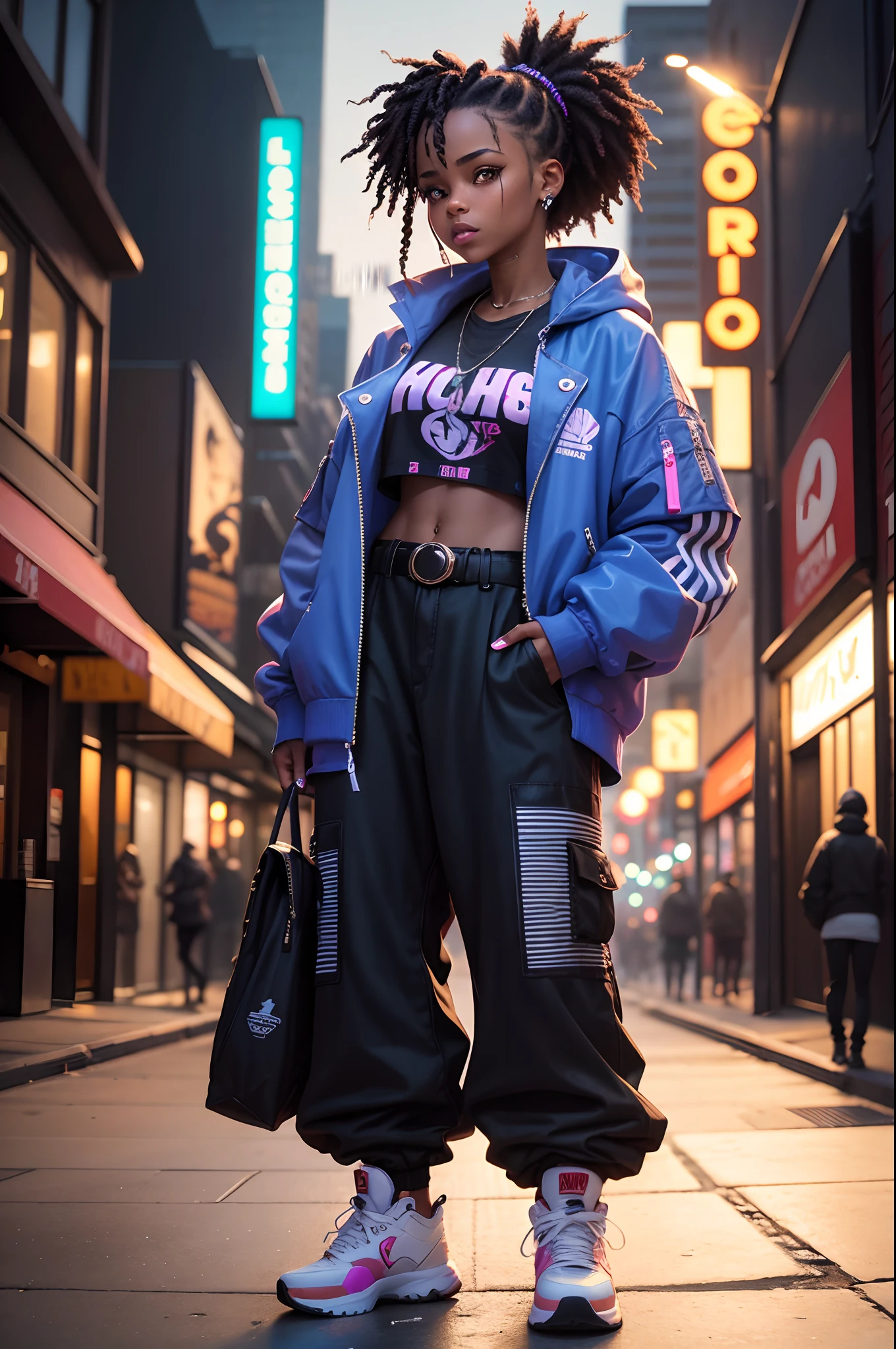 Gere uma imagem de uma mulher com estilo hip hop, em um ambiente urbano noturno. Ela veste uma jaqueta oversized com estampas urbanas, uma camiseta de grafite com cores vibrantes e letras em destaque. Loose, stripped-down trousers with an eye-catching belt, Pairing with a pair of high-quality sneakers. Her hair is styled in an urban way, talvez com cores ousadas. The scene is lit up with neon lights, Creating a Dramatic Shadow Contrast. The background environment is a busy street, Reflecting the spirit of urban hip hop. She displays a confident and relaxed expression, While hip hop music echoes in the background.