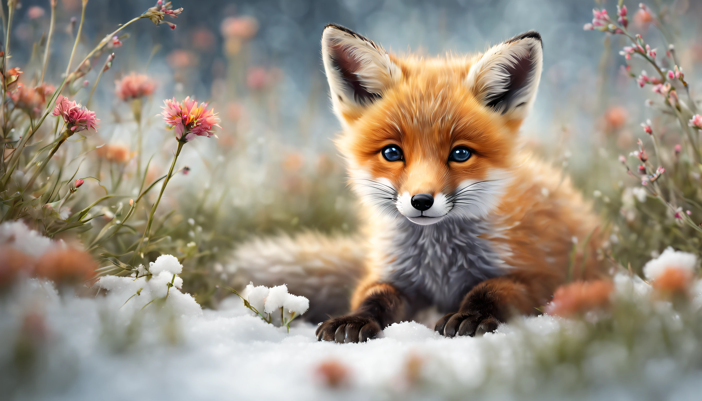 there is a small fox cub sitting on the snowland and flowers, cute animal, highly detailed,ultra realistic, realistic scene, detailed beautiful animals, highly detailed digital painting, photo realistic style, photorealistic highly detailed, highly detailed realistic, cub, highly detailed photorealistic, cuteness