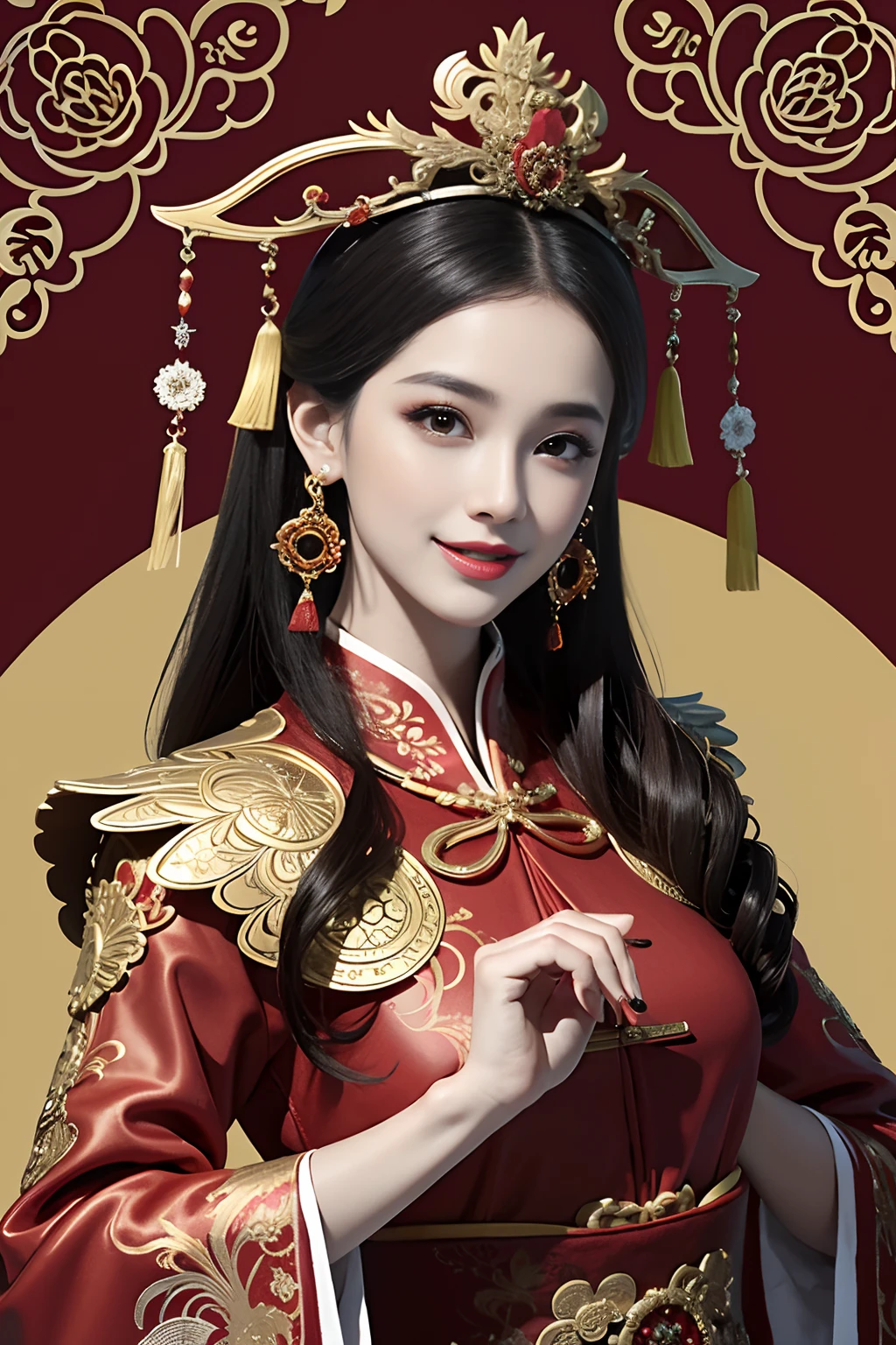 A woman wearing a red and gold Chinese dress，Phoenix crown，a chinese wedding，（tmasterpiece，top Quority，best qualtiy，offcial art，Beauty and aesthetics：1.2），（1girll：1.3），The is very detailed，（s fractal art：1.1），Most detailed，（ zentangle:1.2), full bodyesbian, (abstract backgrounds:1.3), (Shiny skin), (many color:1.4), happy smile,(Earrings), (feater:1.5), sexy pose, dynamic