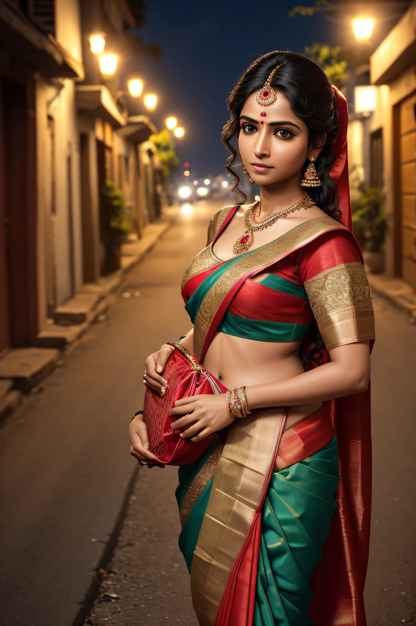 night scenario, ultrarealistic photography, incredible detailing, fabulous image, beautiful south indian 25 years old woman, saree blouse petticoat, saree covering body revealing waist fold, tired face, slightly uncombed hair, carrying handbag on her shoulder, carrying vegetables bag in hand, walking on the side of  a narrow street, facing camera, street lights on, motor bikes and bicycles crossing, long shot, eye level shot, wide angle, ((zepto metric background detailing)), (masterpiece), ((intricate face features detailing)), ultrarealistic photography, photorealistic, photorealism, UHD image, 4k, 8k, 16k, zeta pixel image