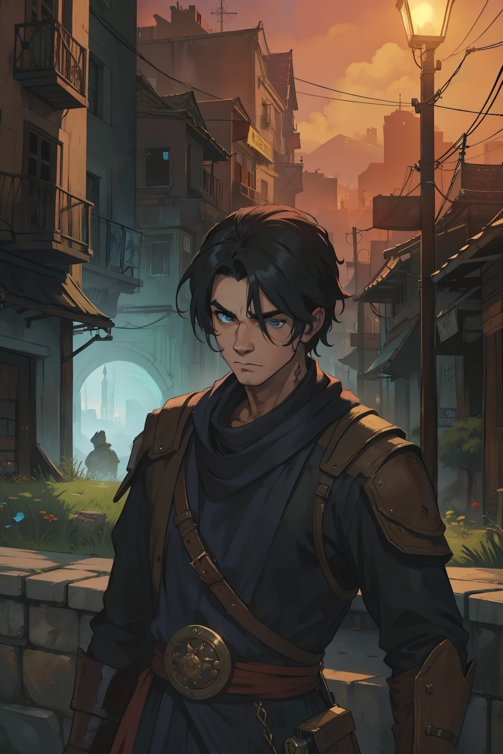 1 Homem lindo Steampuk, tattuagens, fundo cidade anoite, uma arte para um Jogo, Non-human art for an RPG