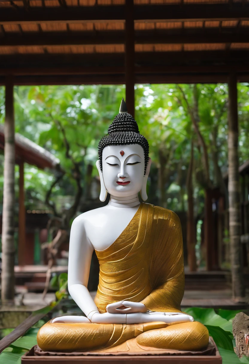 Buddha statue, Thai Lanna architecture , First sermon pose in sitting position The face is perfect, the eyes are not squinting, the large one is 15 meters tall, in the middle of the forest, surrounded by tall trees, stunning to the eye. In front of the Buddha image is a wide courtyard, there is a temple pavilion, and there is an ancient Lanna karma architecture residence. The most beautiful There was the soft white light of the morning shining through the trees. The background is a forest with tall trees ((the bark of the trees has fine textures)), lush green giving a bright atmosphere, highly detailed images,
