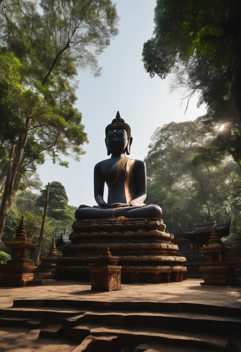 Buddha statue, Thai Lanna architecture , First sermon pose in sitting position The face is perfect, the eyes are not squinting, the large one is 15 meters tall, in the middle of the forest, surrounded by tall trees, stunning to the eye. In front of the Buddha image is a wide courtyard, there is a temple pavilion, and there is an ancient Lanna karma architecture residence. The most beautiful There was the soft white light of the morning shining through the trees. The background is a forest with tall trees ((the bark of the trees has fine textures)), lush green giving a bright atmosphere, highly detailed images,