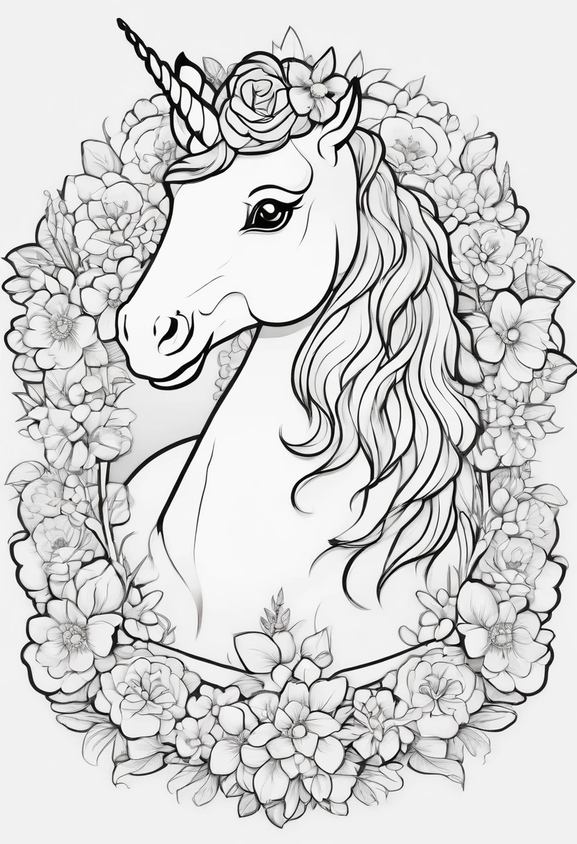 unicorn, kawaii style cartoon coloring page for kids, cartoon style, clean line art low detailed, heavy lines, no background, no shadow, white and black, no grey, monochrome, coloring book, sketchbook, realistic sketch, free lines, on paper, character sheet, 8kit a clarity and clean appearance, 8k