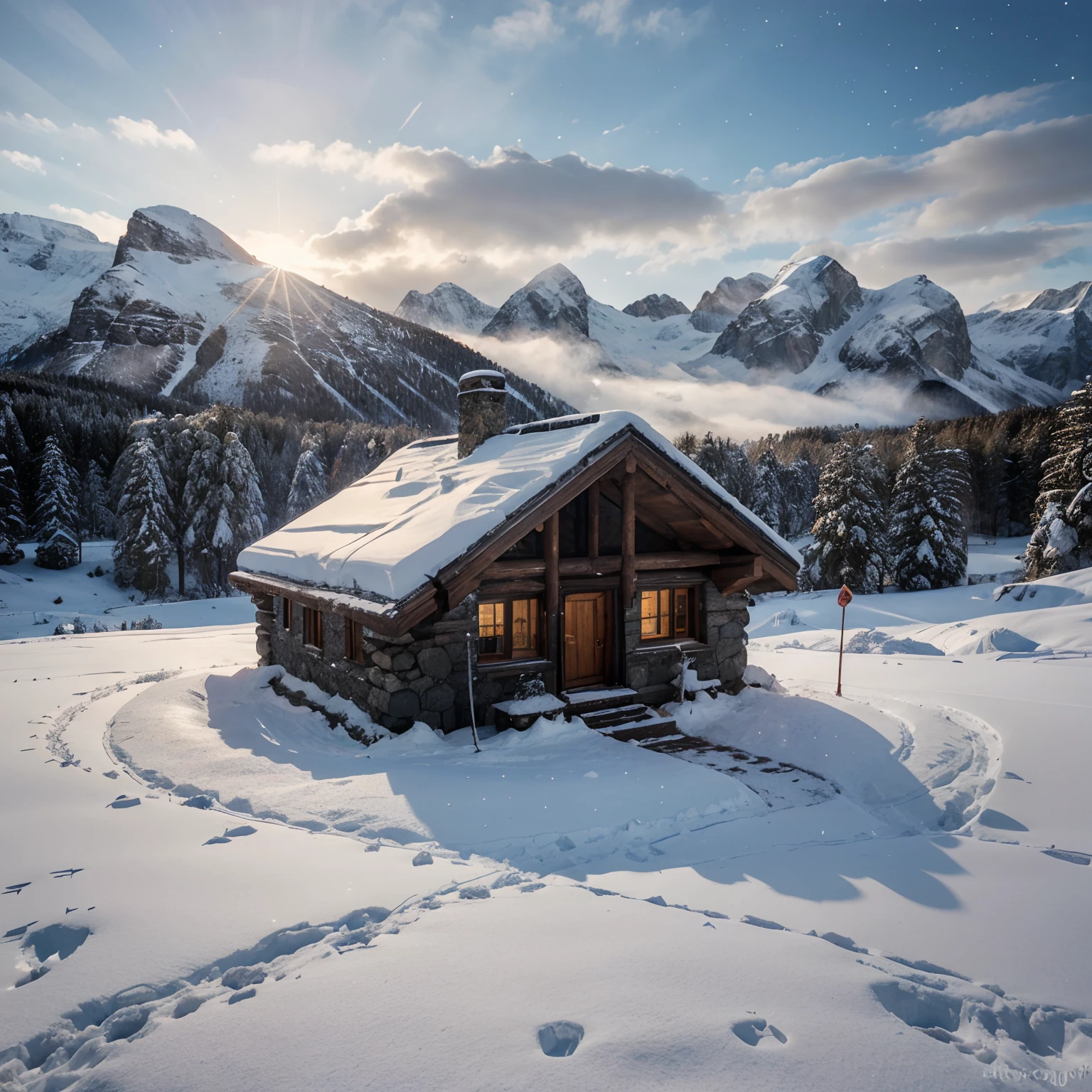 finest image, (8k, RAW photo, realistic), Mountain hut in the snowy mountains in winter, It has a strong structure with an acute triangular roof made of stacked stones, Starry skies, The morning sun is rising, detailed and delicate depiction, professional lighting
