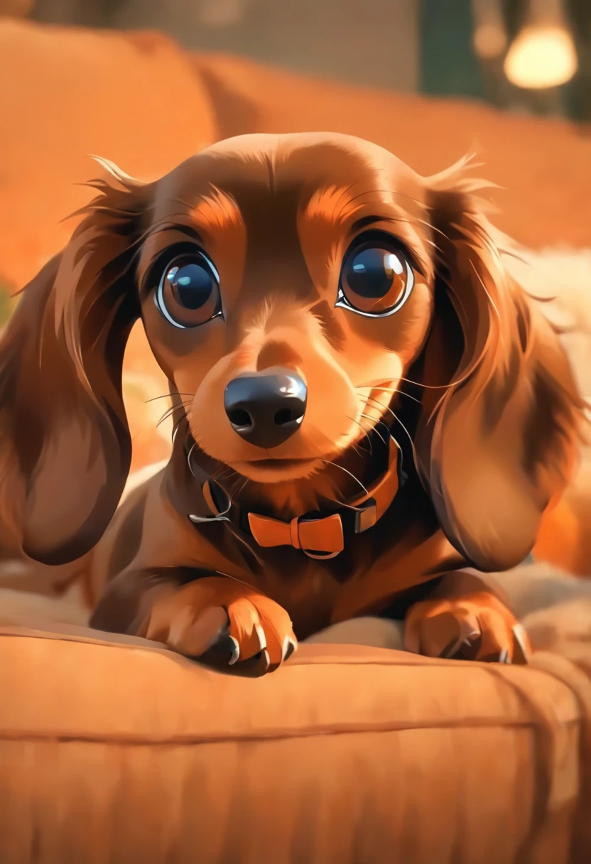 （the whole body is brown：1.8），Brown miniature dachshund，on a couch，Looking at the camera，（Face bow：1.5），Looks like a lot of fun，biologically correct