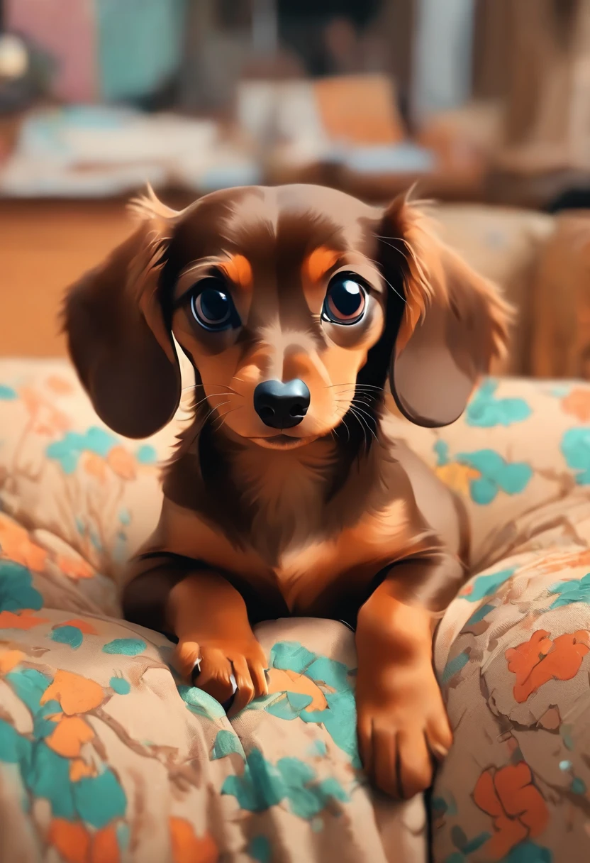 （the whole body is brown：1.8），Brown miniature dachshund，on a couch，Looking at the camera，（Face bow：1.5），Looks like a lot of fun，biologically correct