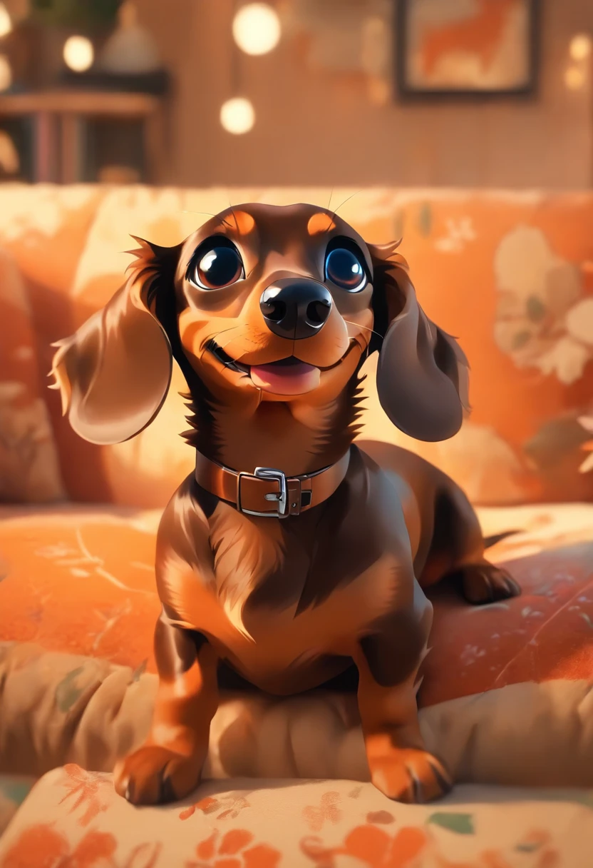 （the whole body is brown：1.8），Brown miniature dachshund，on a couch，Looking at the camera，（Face bow：1.5），Looks like a lot of fun，biologically correct