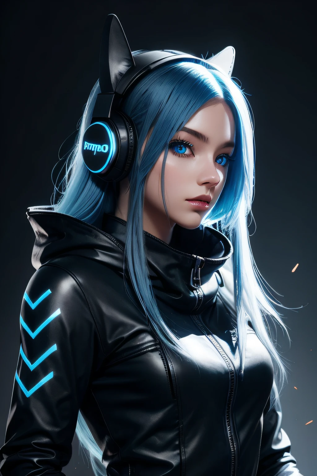 girl with long blue hair, blue eyes, futuristic vibes, mask on mouth, headphones, 8k, high quality, simple background, glowing eyes, nice pose