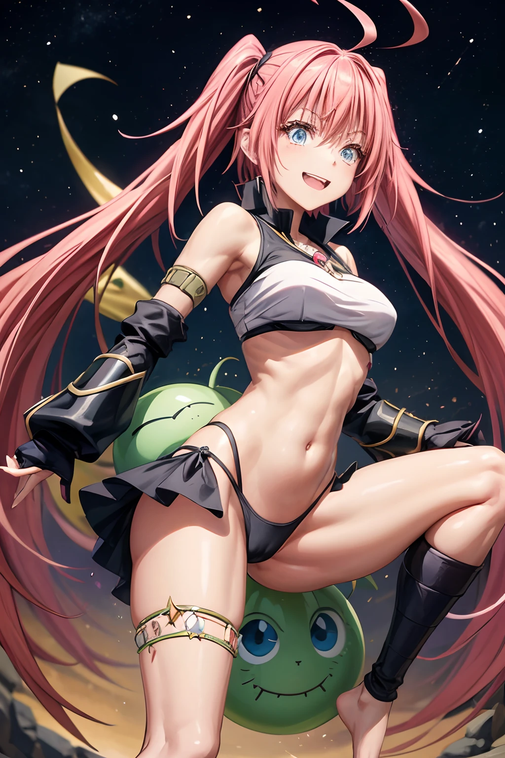 1Feminino、Tensei Shitara Slime Datta Ken（((Milim Nava))), Demon Lord King、O corpo da obra-prima de Milim Nava、High Quality Bikini Armor、Black bikini armor、Rosto Milim Preciso、olhos azuis、olhar o mal、cabelo rosa、Bicaudal、Caudas duplas orgulhosas、barefoot, medium feet, dedos arredondados ultra qualidade, ultra detalhado, unhas arredondadas pintadas em esmalte preto ultra detalhado、mediuml breasts、um sorriso、sorriso enorme、grande ahoge, foto de corpo inteiro, barriga musculosa, na praia, pernas ultra detalhadas e realistas, Face Ultra Detalhada, Perfect setting, (((Making Fighting Stance))), standing on her feet, (((Socando a minha cara)))