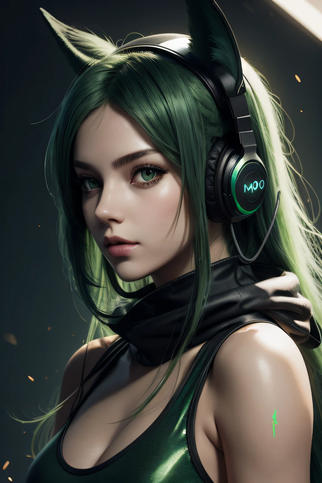 girl with long green hair, green eyes, futuristic vibes, mask on mouth, headphones, 8k, high quality, simple background, glowing eyes, nice pose