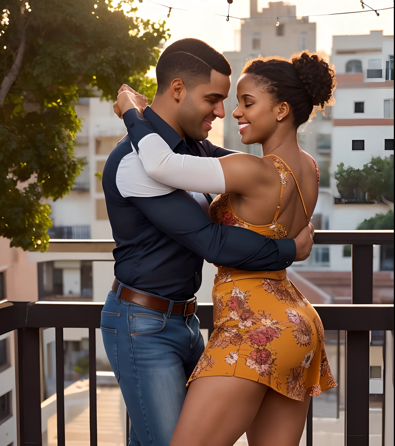 a couple together, (1female 1male), (all of body:2.2), (top view:0.6), ((couple is dancing Bachata:1.5)), face to face, eye gazing, dancing close, Dominican Republic Cuban dancers, her hair up, tight ballet bun:1.7,White Ginger in her hair, I take a photograph with my high quality Leica camera, deep shadows:1.9, film beauty, masterpiece:1.4, cinematic:1.6, exterior balcony, autumn colors:1.3, she's intimately close as he leads their Cuban dance, lush film, she's in shadow, he grabs around her waist, his hands above her butt, perfect hands, embracing each other, (the nape of her neck:1.4), foreplay:1.8, she's provocatively smiling, intimate embracing each other, perfect Bachata, Salsa dance form:1.2, close to this man, (he has curly brown hair:1.1,), (man has hairy, veiny muscular arms:1.3) , (woman wearing Flowy skirt or dress with spandex shorts underneath:1.1), (man wearing jeans or pants that are a regular-fit, dark dress shirt, ), sweat glistening:0.7, steamy, sun setting backlit: 1.7, gorgeous balcony with colorful flowers, White Mariposa and string lights:1.8, view from balcony beautiful, chimneys smoking, village, loving moment, of a a couple in love