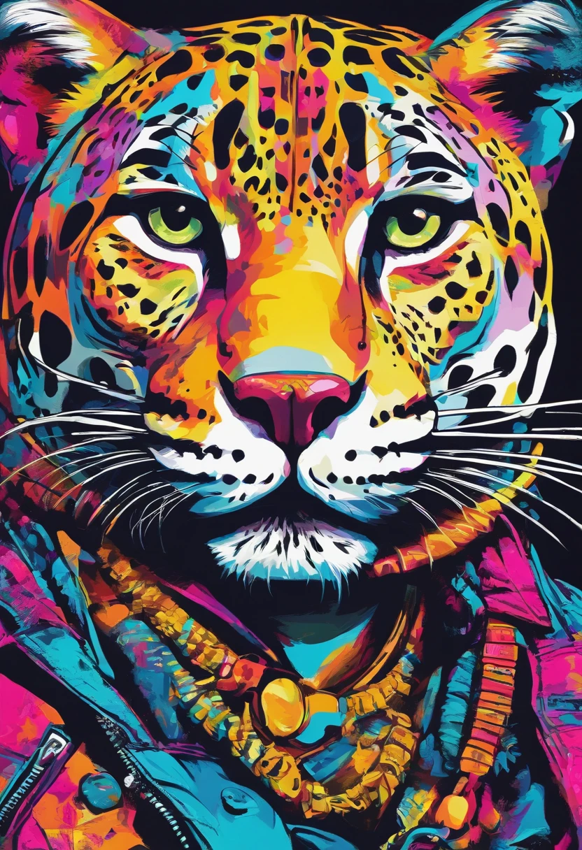 a painting of a jaguar kitten trending in the art station, dressed in punk clothes, detailed hyper realistic rendering, Mayan art style, street style, intimidating pose, planet of the cats, clothes with fashion, urban samurai, meow, west slavic features, 8 1 5, animations