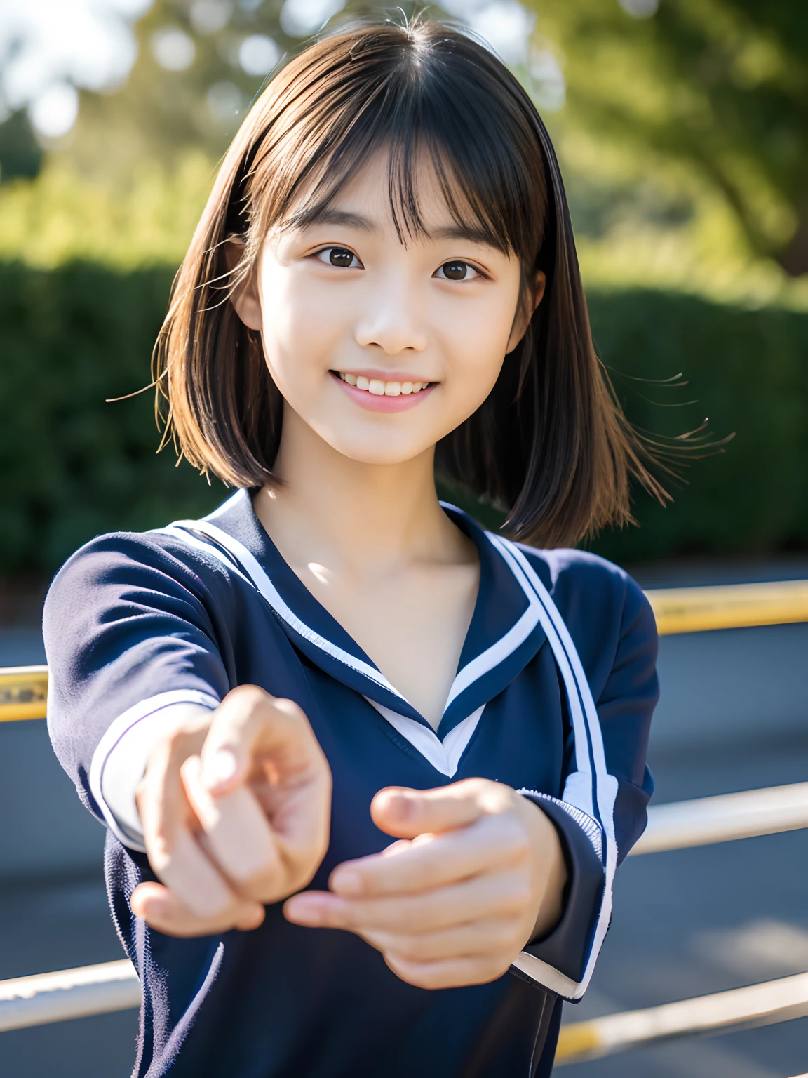 1 Nogizaka Musume, Very cute, a beauty girl, sixteen years old, Beautiful face, eyes and skin with exquisite detail, Detailed black hair, Smile at the camera, cowboy shot, the way from school to home, profetional lighting, BREAK, (realisitic, Photorealsitic:1.37), 8K, (masterpiece), (top-quality:1.4), (超A high resolution:1.2), (Raw photography:1.2)、(super detailed beautiful cloths)、perfect anatomia、4fingers and 1thumb、hyper detailed background、(Wallpapers by Unity 8K)、School swim wear