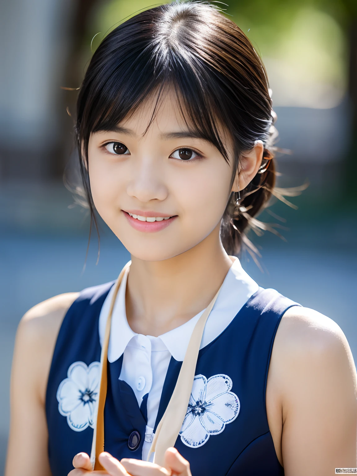 Lens 135mm f1.8, (highest quality),(RAW photo), , (Beautiful 16 year old Japanese girl), cute face, (deeply carved face:0.7), (freckles:0.6), ,dramatic , (japanese school (croptop) blue tanktop), (inside the school), shy, low twintails, , (smile),, (sparkling eyes)、