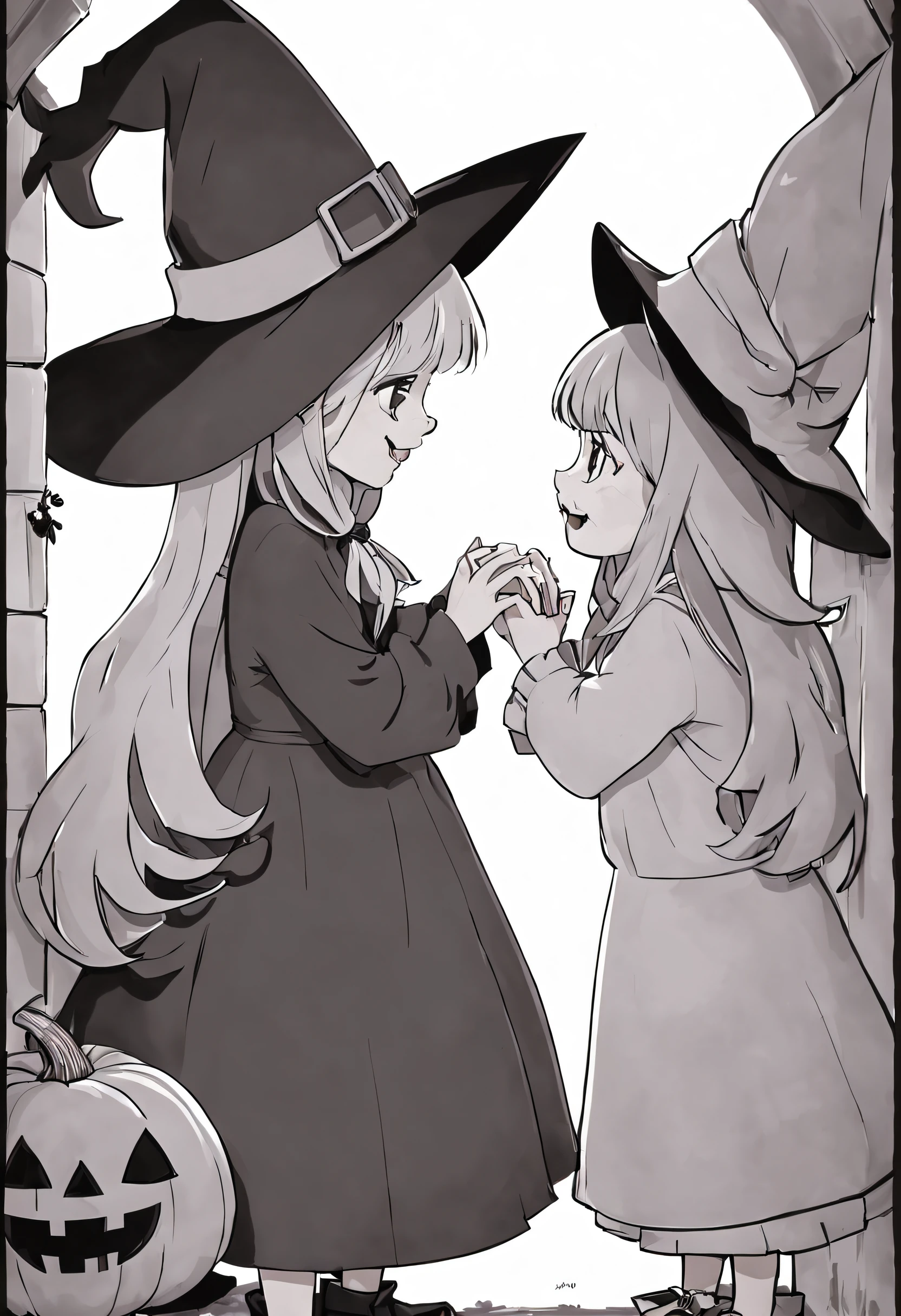 poster infantil hallowen" en blanco y negro, Two smiling girls, Tender and happy looking at each other face to face ,A girl dressed as a witch asks for candy from another girl who has a Bible in her hands, ella esta sobre unas gradas a la puerta de su casa, en la puerta de su casa, de sombra, adornos, florituras, sombra, calabazas, esqueletos