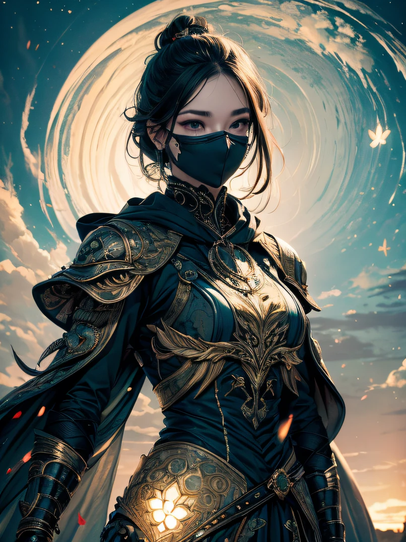 hight resolution、masterpiece、top-quality、ultra-detailliert、masterpiece、Very delicate、foco nítido、lighting like a movie、One adult woman、Depiction of the upper body、Black light armor with intricately patterned fur collar、Wearing a hood、Mask covering the nose and mouth、Flash from right hand、sky at night、 battle field、detailed face depiction、Detailed hand depiction、watching at viewers