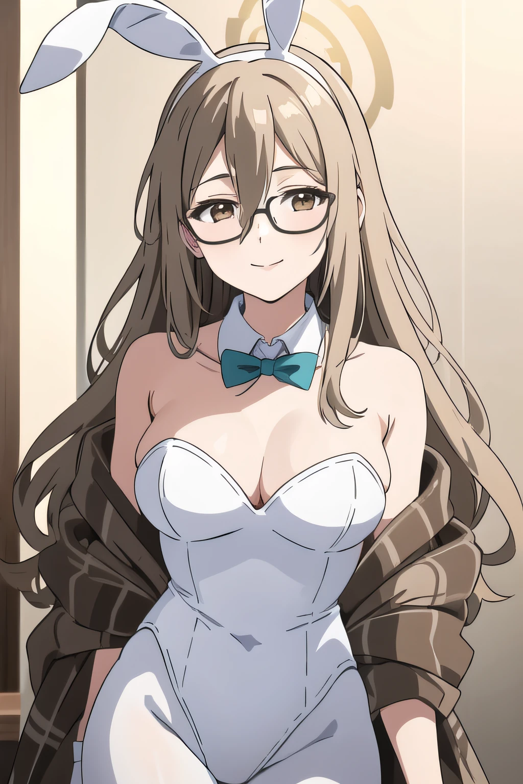 1girl, solo, upper body, facing viewer, looking at viewer, smile, AKANE MUROKASA, HALO, VERY LONG HAIR, GLASSES, PLAYBOY BUNNY, RABBIT EARS, DETACHED COLLAR, AQUA BOW, BROWN SCARF, WHITE GLOVES, WHITE PANTYHOSE.