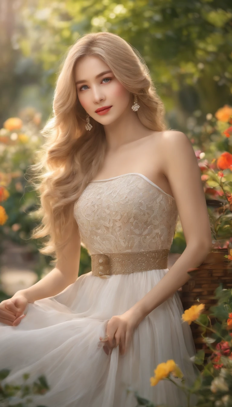 (Best quality,4K,A high resolution,Realistic:1.2),A girl with blonde hair,Beautiful detailed eyes,beautiful detailed lips,long eyelasher,Porcelain skin,Natural beauty,The appearance is soft and elegant,A bright and lively smile,Korean girl,fashionable attire,fashion,Stand in the colorful garden,Natural sunlight illuminates her,soft and muted colors,impressionist style painting,Textured brushstrokes,Dreamy atmosphere,Bright and vibrant flowers bloomed around her,while a gentle breeze sways her hair softly,a peaceful and serene atmosphere,Harmony and tranquility of the surroundings,Meticulously capture the details,Ultra-detailed,professional portrait,Portrait photography.