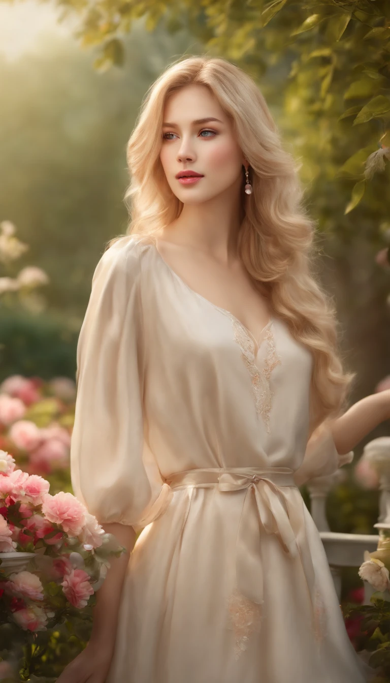 (Best quality,4K,A high resolution,Realistic:1.2),A girl with blonde hair,Beautiful detailed eyes,beautiful detailed lips,long eyelasher,Porcelain skin,Natural beauty,The appearance is soft and elegant,A bright and lively smile,Korean girl,fashionable attire,fashion,Stand in the colorful garden,Natural sunlight illuminates her,soft and muted colors,impressionist style painting,Textured brushstrokes,Dreamy atmosphere,Bright and vibrant flowers bloomed around her,while a gentle breeze sways her hair softly,a peaceful and serene atmosphere,Harmony and tranquility of the surroundings,Meticulously capture the details,Ultra-detailed,professional portrait,Portrait photography.